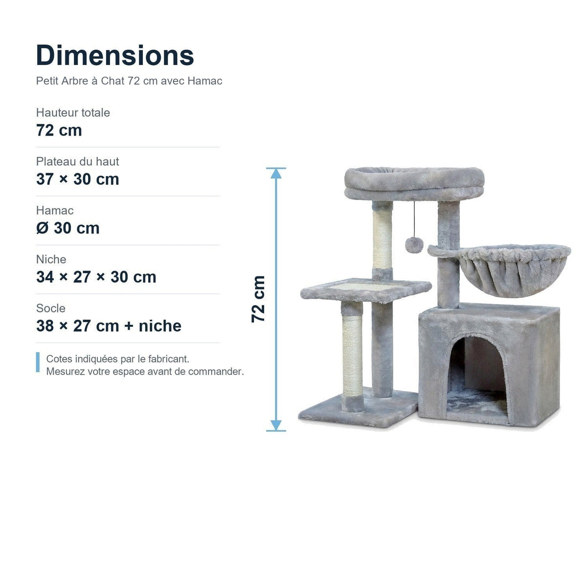 Dimensions : Petit Arbre à Chat 72 cm avec Hamac