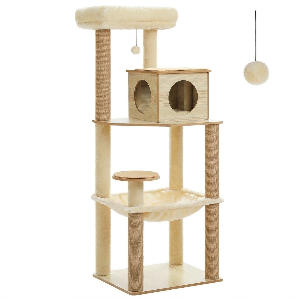 Arbre à Chat en Bois 143 cm avec Hamac, photo sur fond blanc