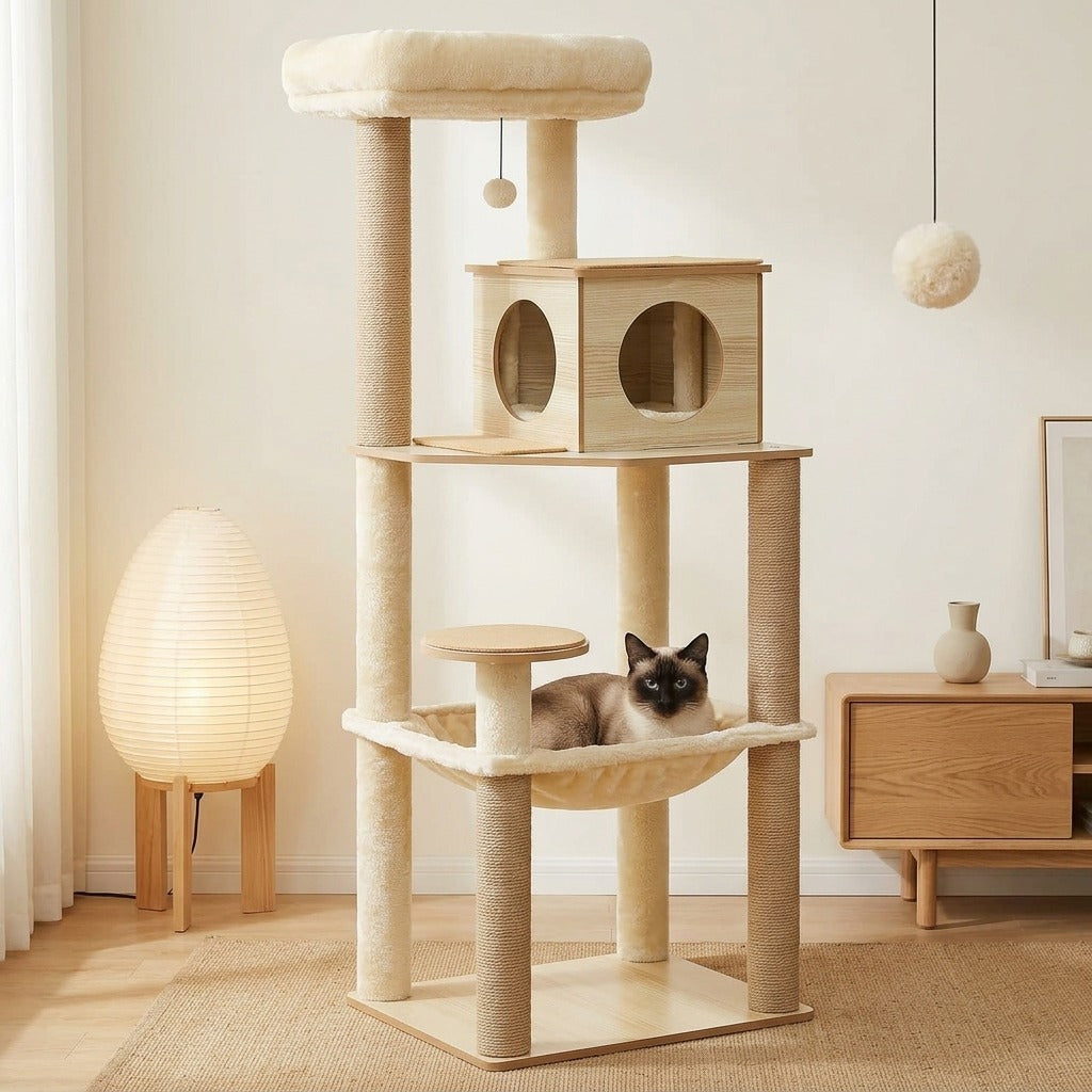 Arbre à Chat en Bois 143 cm avec Hamac dans un salon, avec un chat