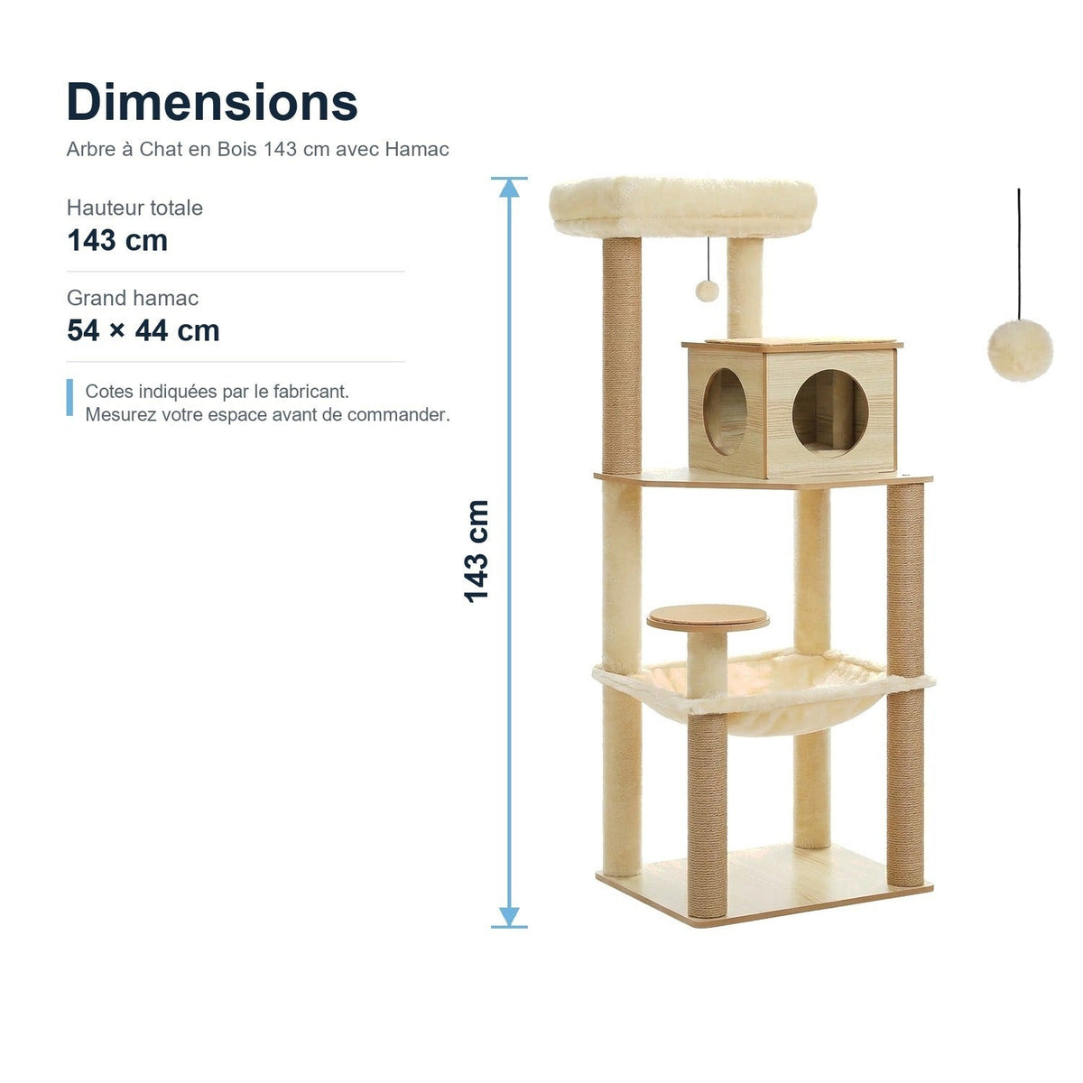 Dimensions : Arbre à Chat en Bois 143 cm avec Hamac