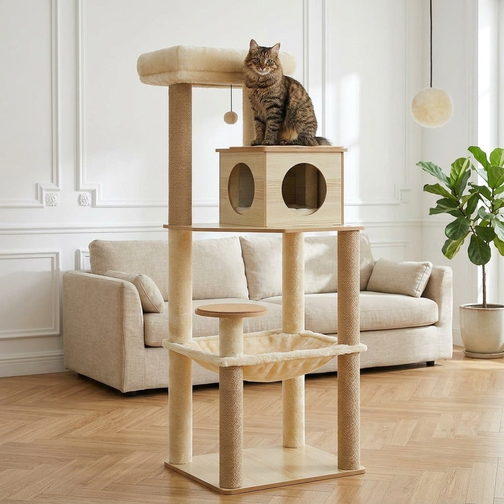 Arbre à Chat en Bois 143 cm avec Hamac en situation dans un intérieur
