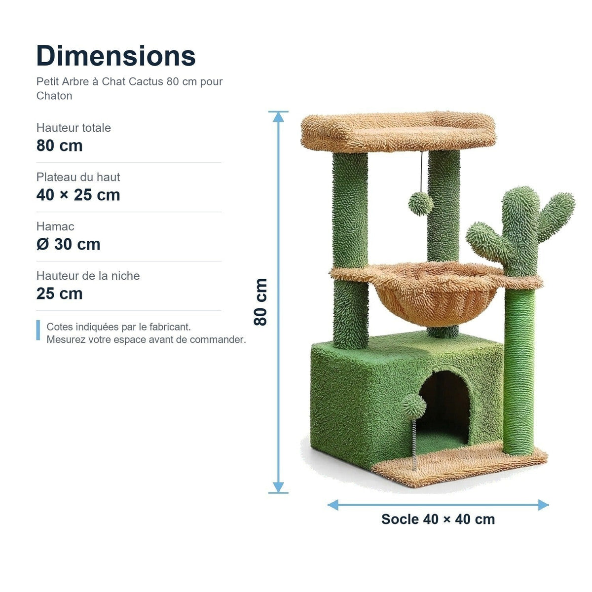Dimensions : Petit Arbre à Chat Cactus 80 cm pour Chaton