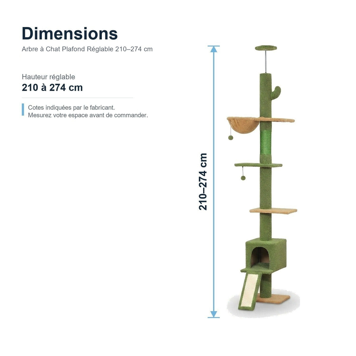 Dimensions : Arbre à Chat Plafond Réglable 210–274 cm
