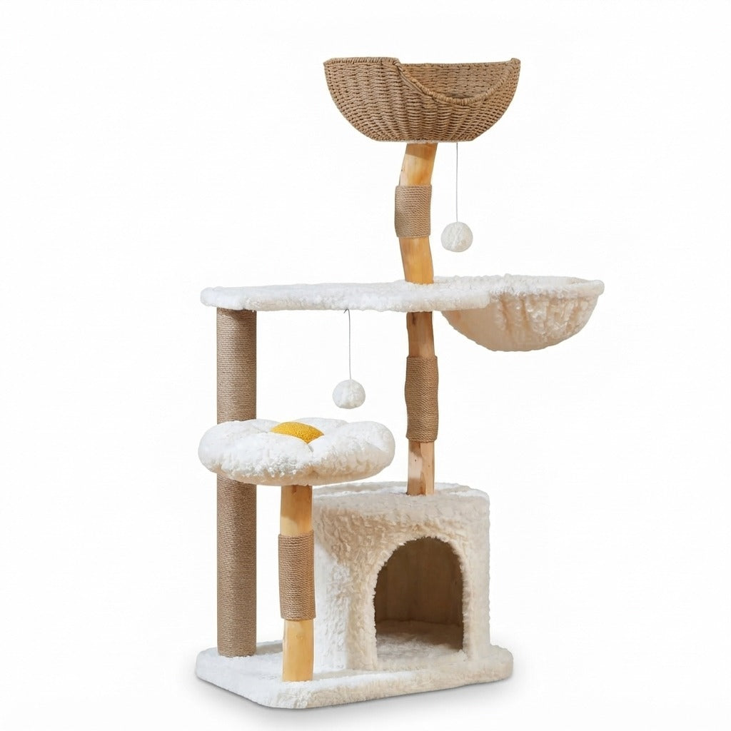 Arbre à Chat Design en Bois et Rotin 123 cm, photo sur fond blanc