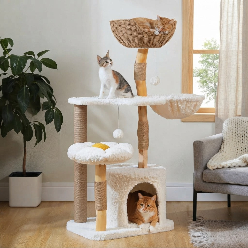 Arbre à Chat Design en Bois et Rotin 123 cm dans un salon, avec un chat