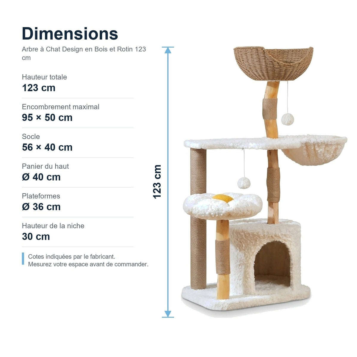 Dimensions : Arbre à Chat Design en Bois et Rotin 123 cm