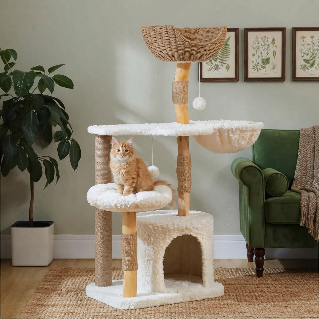 Arbre à Chat Design en Bois et Rotin 123 cm en situation dans un intérieur