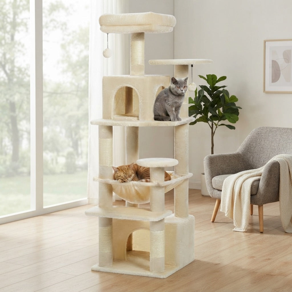 Grand Arbre à Chat 136 cm pour Plusieurs Chats dans un salon, avec un chat