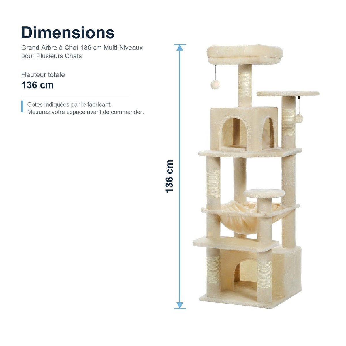 Dimensions : Grand Arbre à Chat 136 cm pour Plusieurs Chats