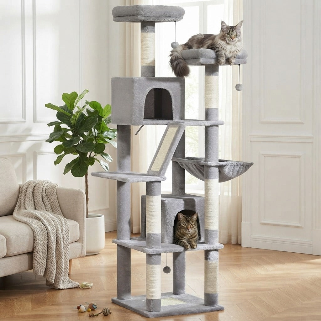 Arbre à Chat XXL 180 cm avec 2 Niches dans un salon, avec un chat