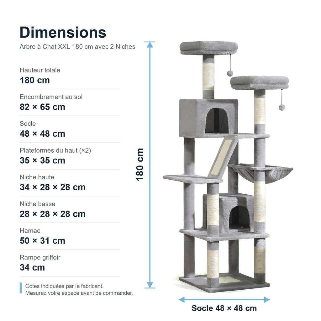 Dimensions : Arbre à Chat XXL 180 cm avec 2 Niches
