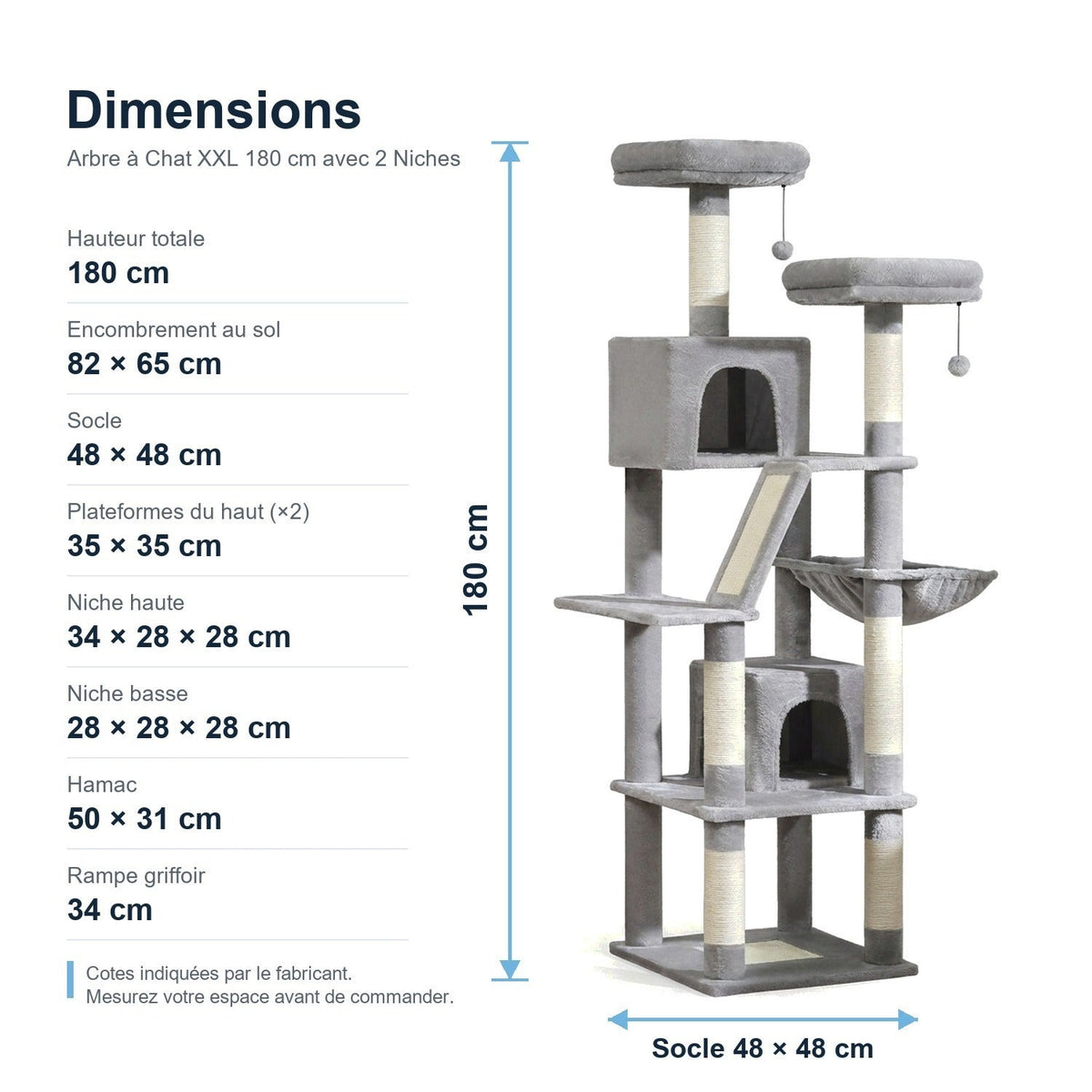 Dimensions : Arbre à Chat XXL 180 cm avec 2 Niches