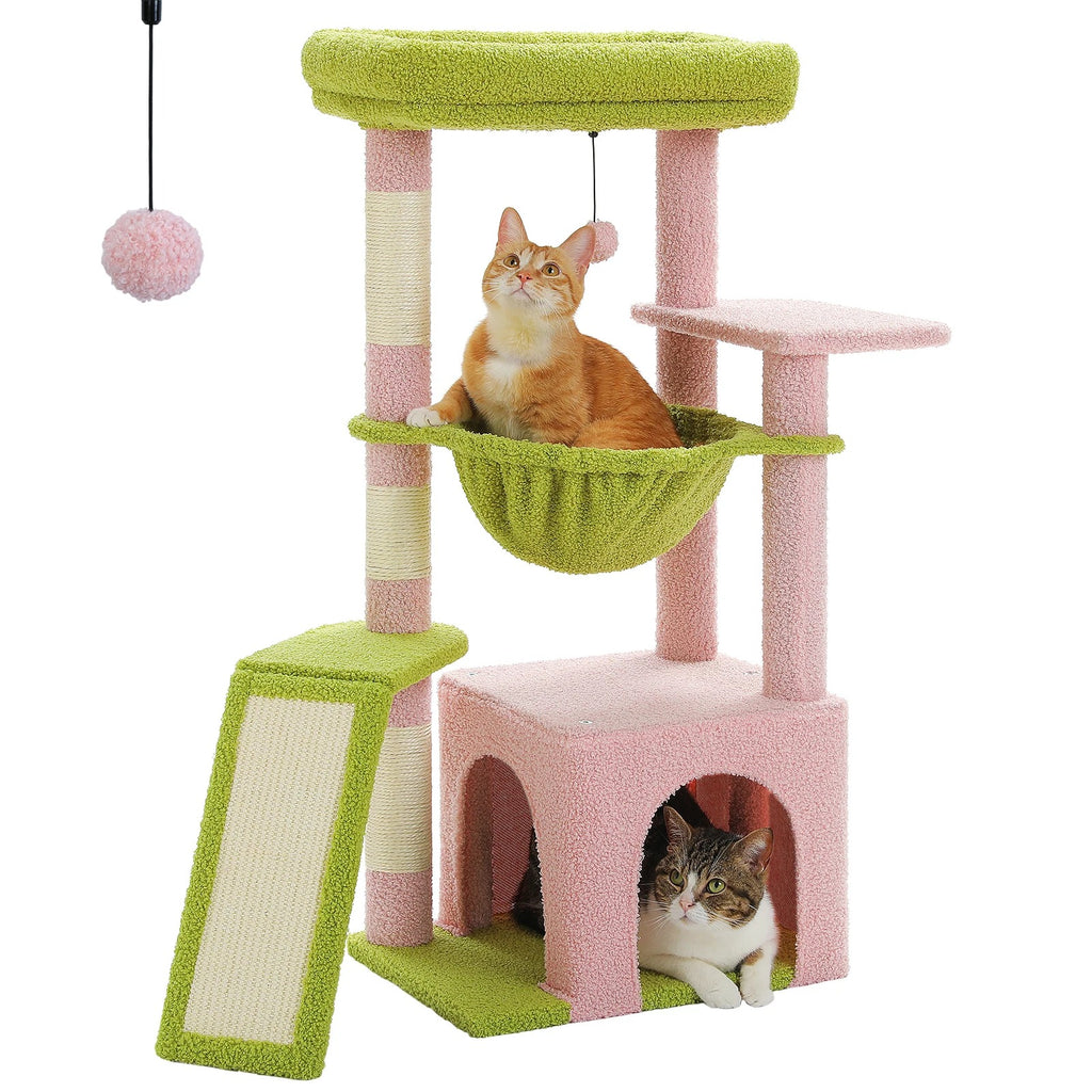 Petit Arbre à Chat Fleur 92 cm avec Niche, coloris rose