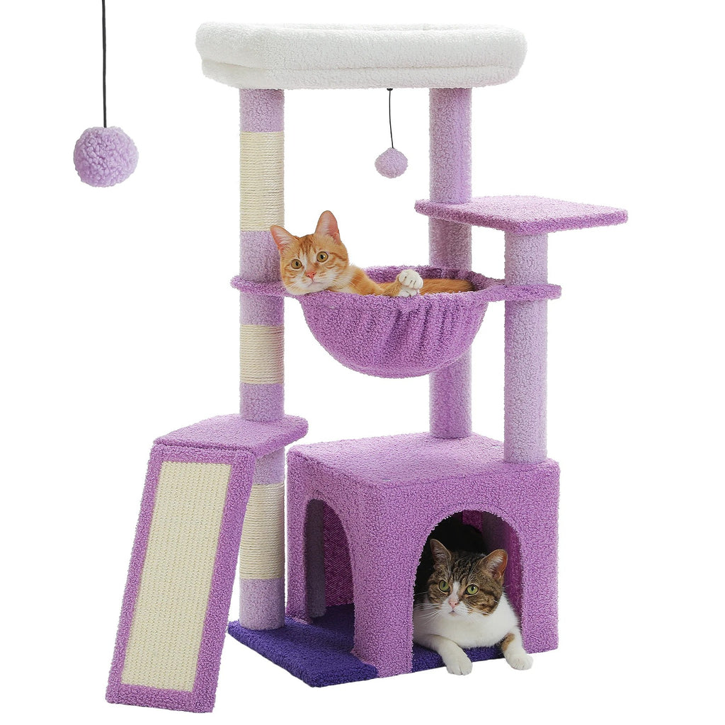 Petit Arbre à Chat Fleur 92 cm avec Niche, coloris violet