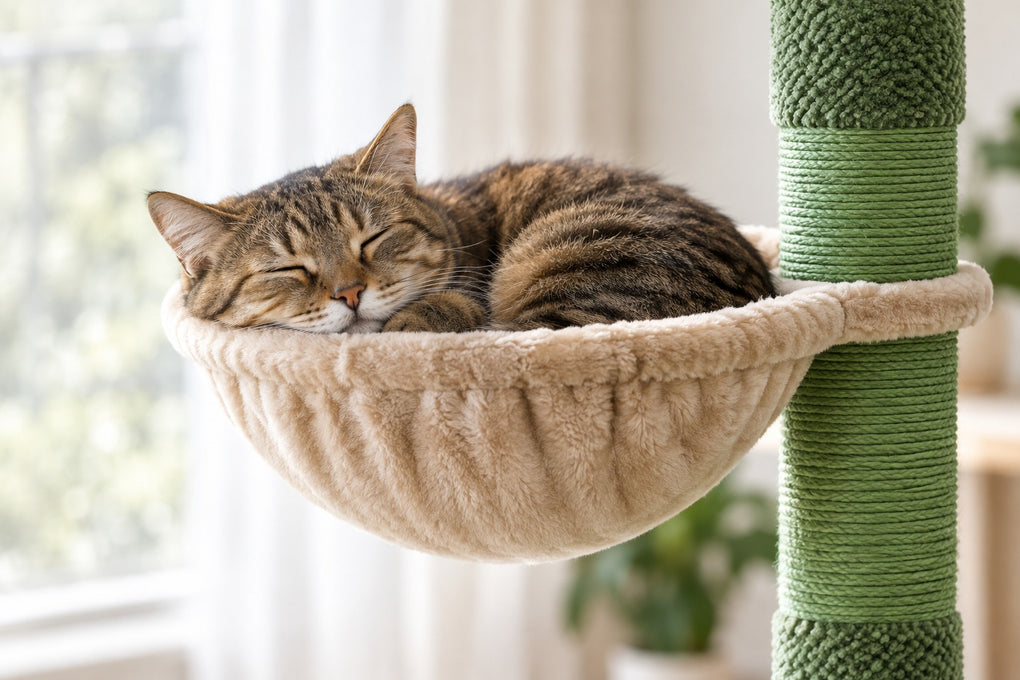 Arbre à Chat Cactus Sol-Plafond 216–285 cm : chat couché dans le panier