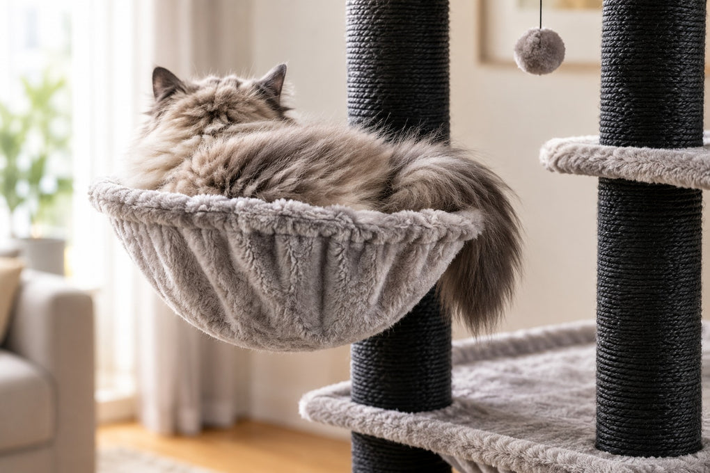 Arbre à Chat XXL 170 cm pour Maine Coon : chat couché dans le hamac gris