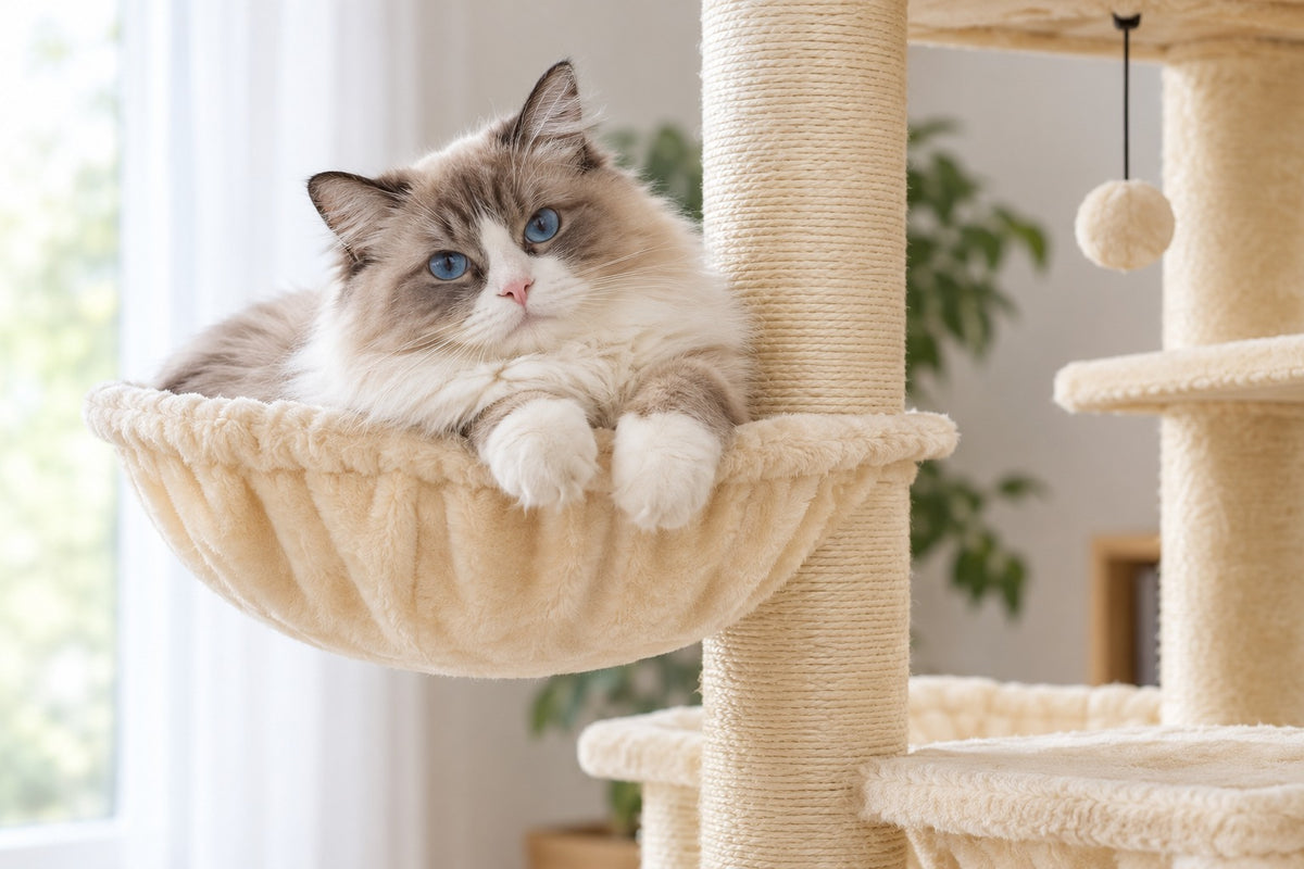 Arbre à Chat XXL 170 cm Renforcé : chat couché dans le hamac beige