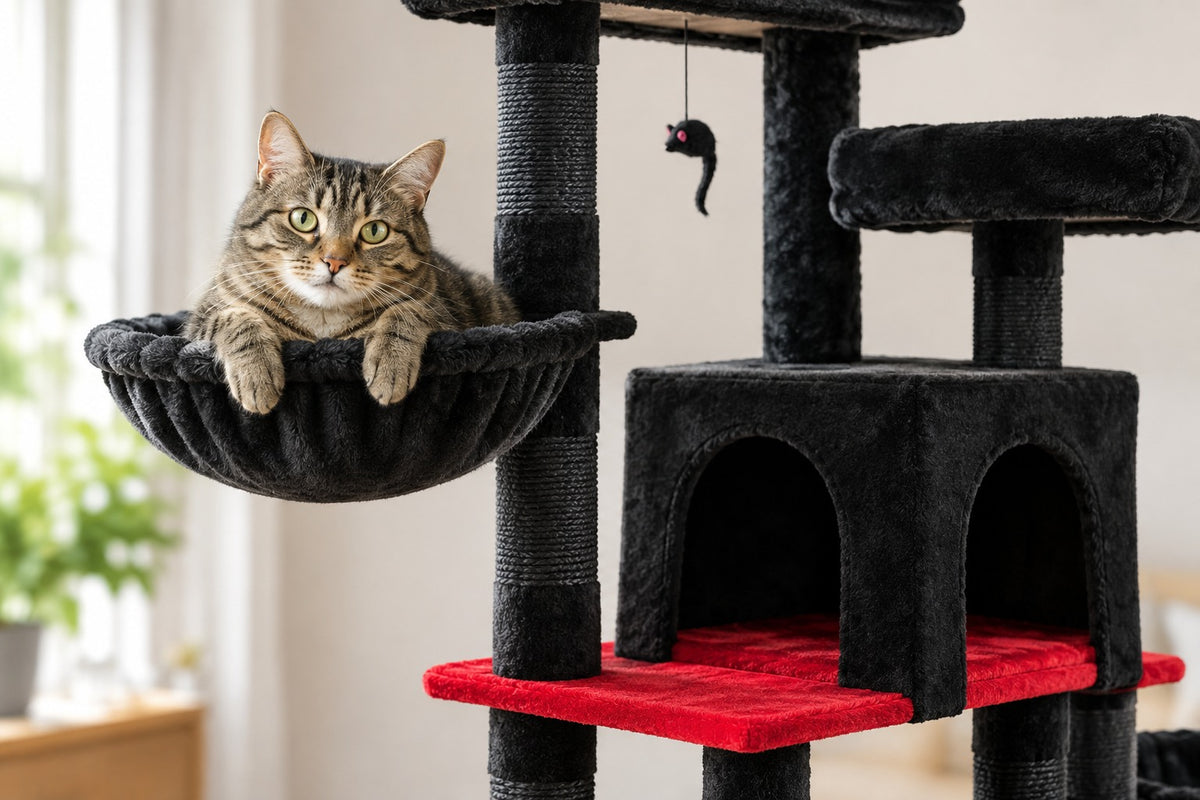 Arbre à Chat XXL 175 cm avec 2 Hamacs : chat couché dans le hamac noir
