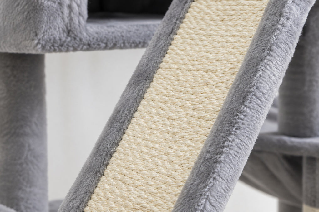 Arbre à Chat XXL 180 cm avec 2 Niches : rampe en sisal bordée de peluche grise