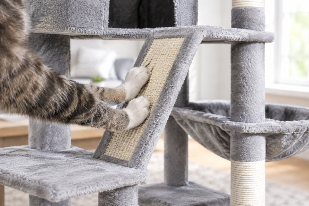 Arbre à Chat XXL 180 cm avec 2 Niches : pattes griffant la rampe en sisal