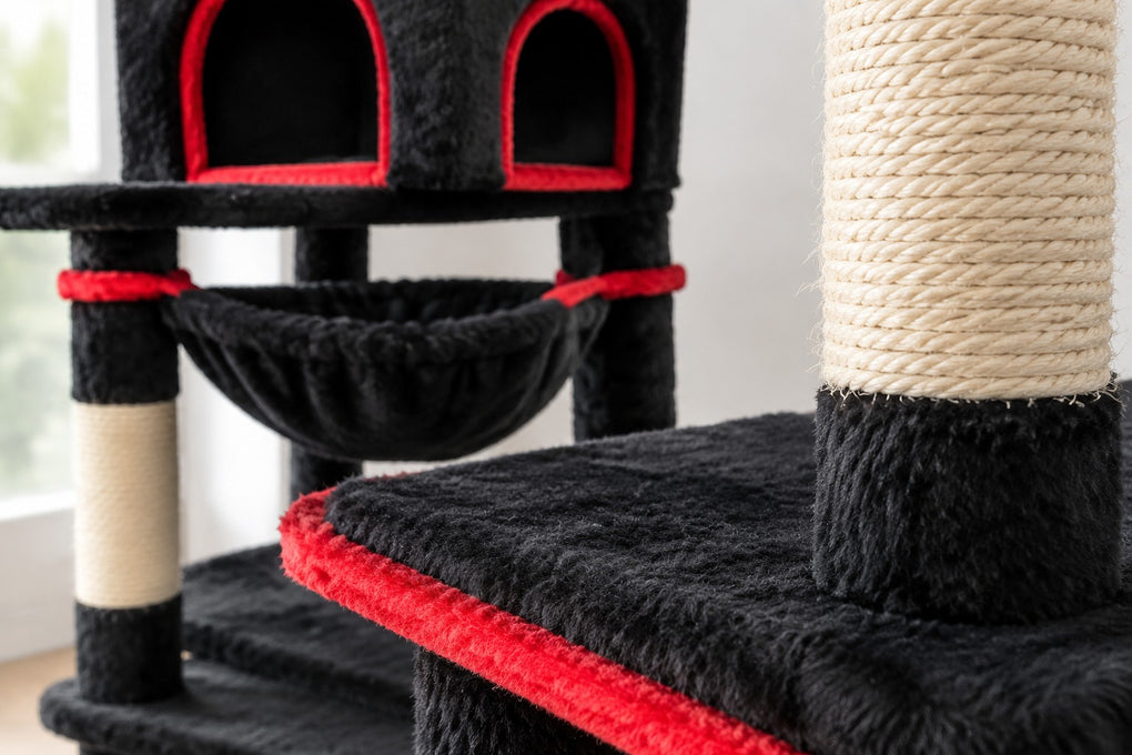 Arbre à Chat XXL 184 cm avec Hamac : peluche noire et liseré rouge