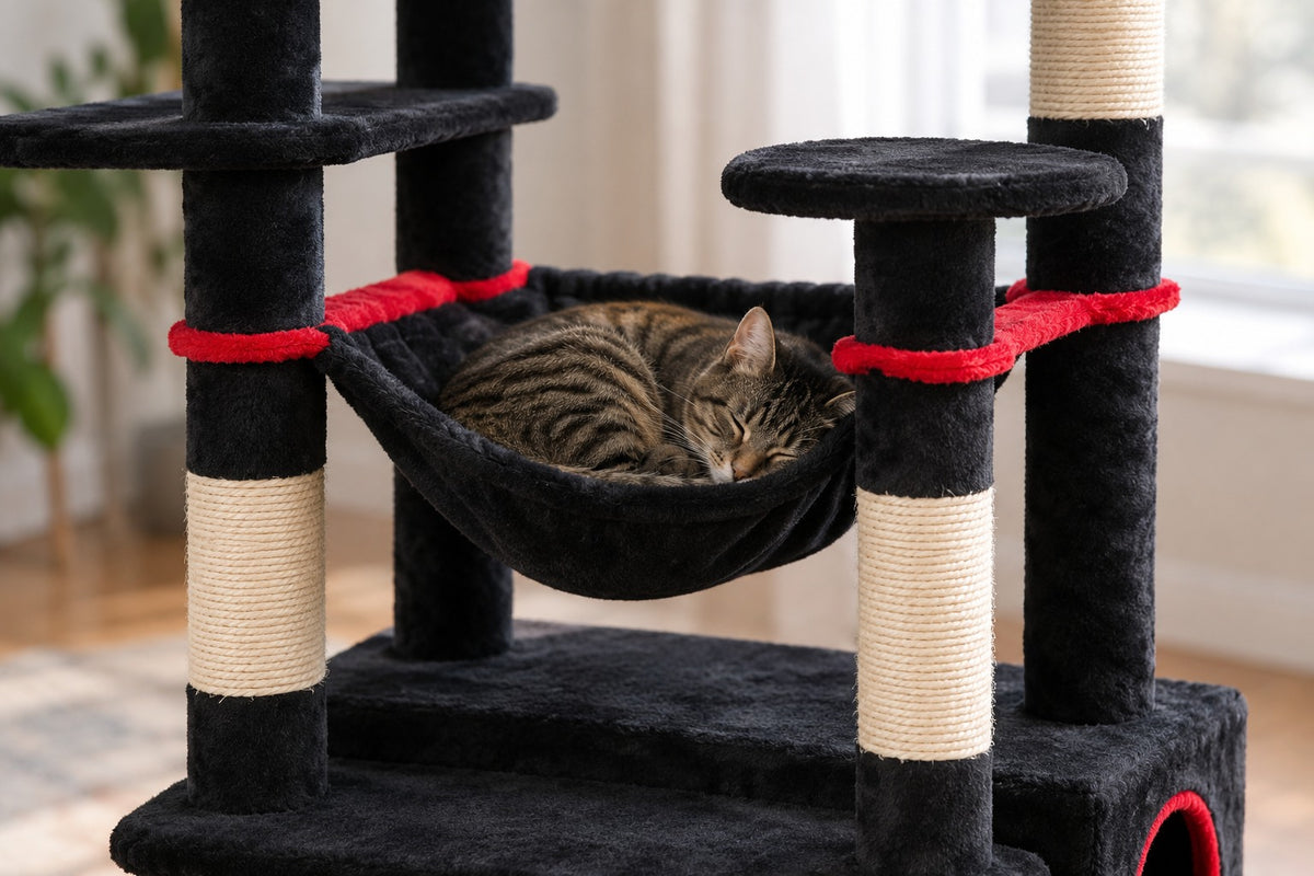 Arbre à Chat XXL 184 cm avec Hamac : chat couché dans le hamac noir