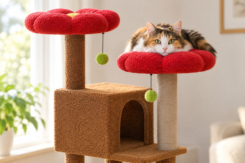 Grand Arbre à Chat 133 cm avec 2 Niches : chat couché sur le plateau fleur rouge