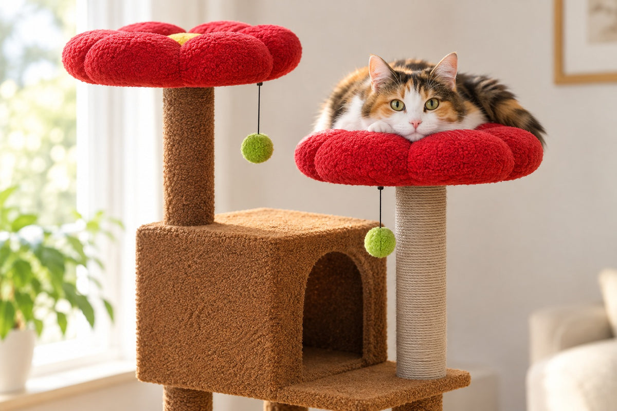 Grand Arbre à Chat 133 cm avec 2 Niches : chat couché sur le plateau fleur rouge