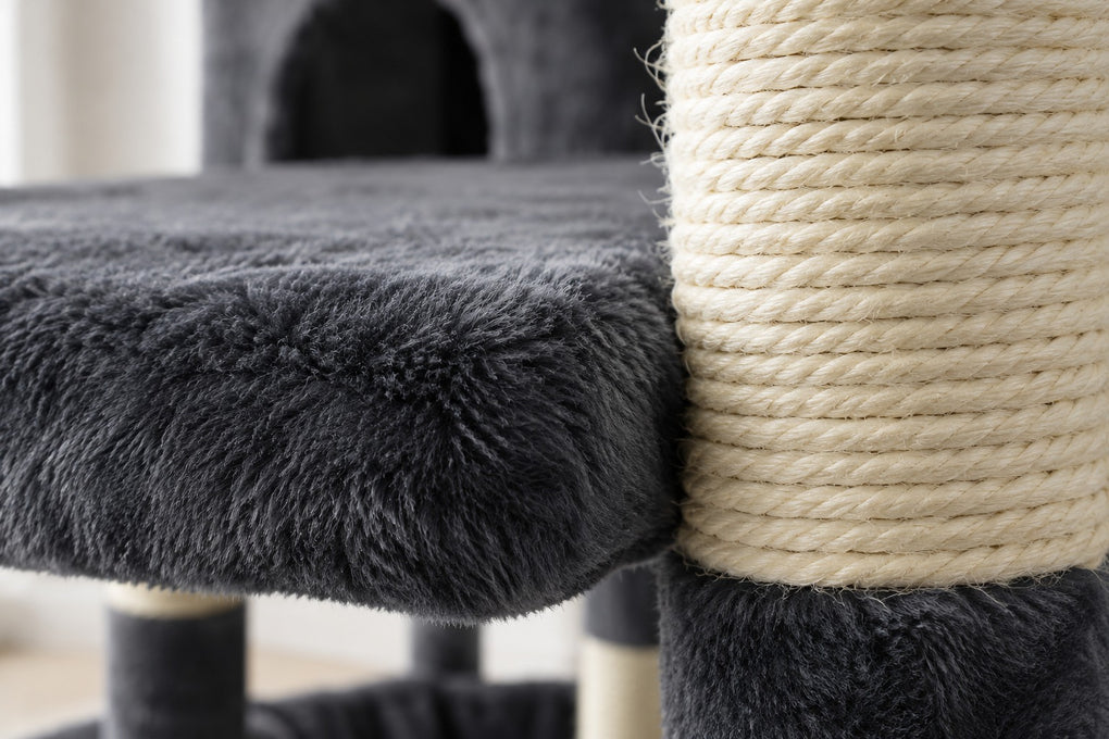 Grand Arbre à Chat 136 cm avec Griffoirs Sisal : peluche gris foncé et sisal