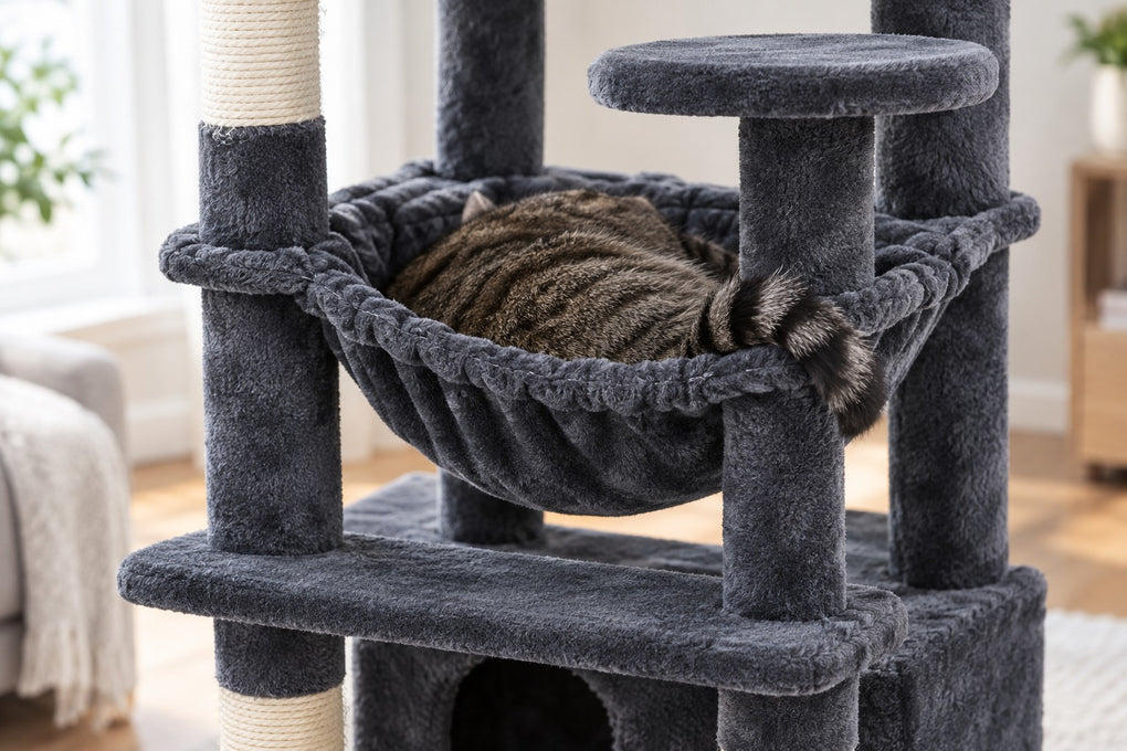 Grand Arbre à Chat 136 cm avec Griffoirs Sisal : chat couché dans le hamac