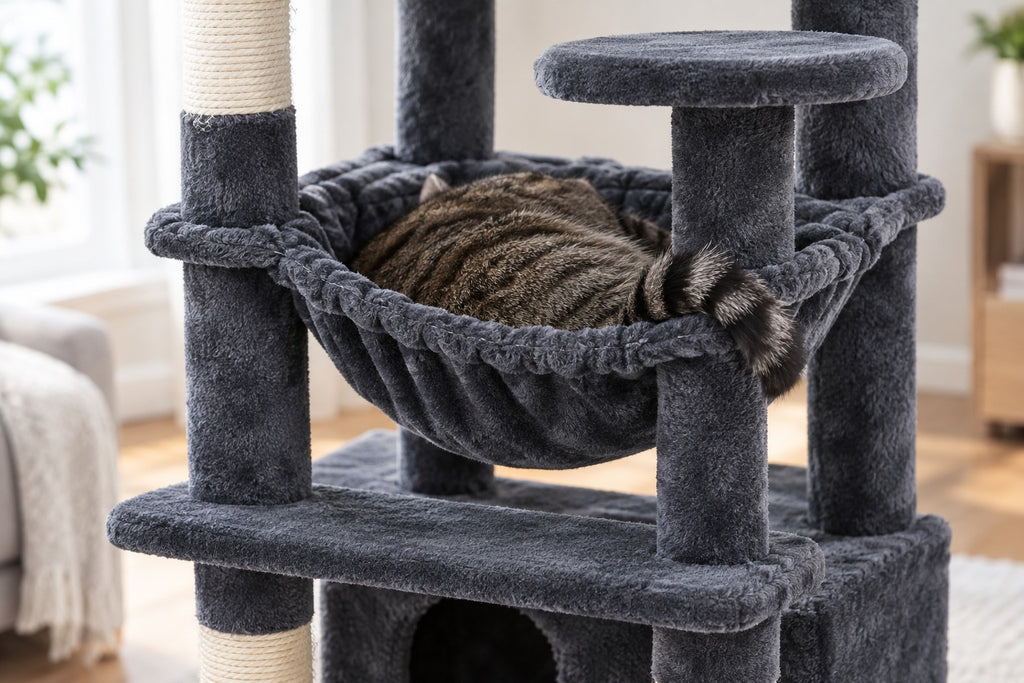Grand Arbre à Chat 136 cm avec Griffoirs Sisal : chat couché dans le hamac