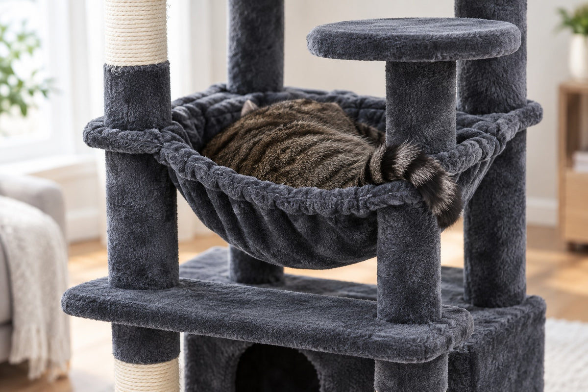 Grand Arbre à Chat 136 cm avec Griffoirs Sisal : chat couché dans le hamac