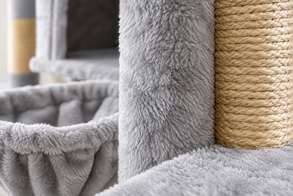 Grand Arbre à Chat 136 cm pour Chaton : peluche grise et corde de jute