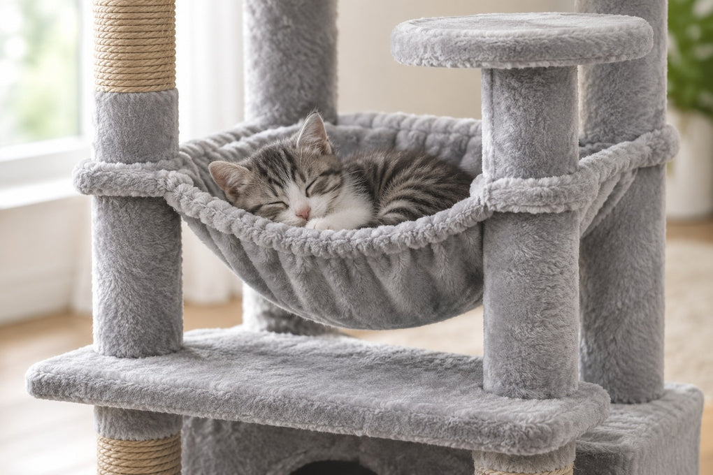 Grand Arbre à Chat 136 cm pour Chaton : chaton couché dans le hamac gris