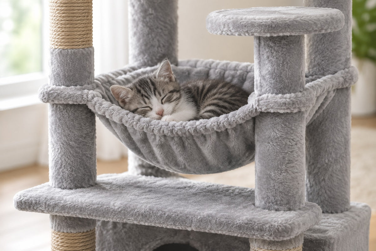 Grand Arbre à Chat 136 cm pour Chaton : chaton couché dans le hamac gris