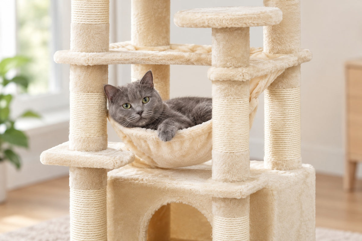 Grand Arbre à Chat 136 cm pour Plusieurs Chats : chat couché dans le hamac beige