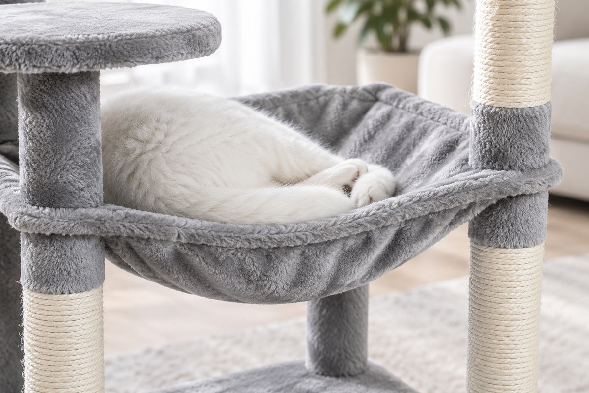 Grand Arbre à Chat 143 cm pour Plusieurs Chats : chat blotti dans le hamac gris