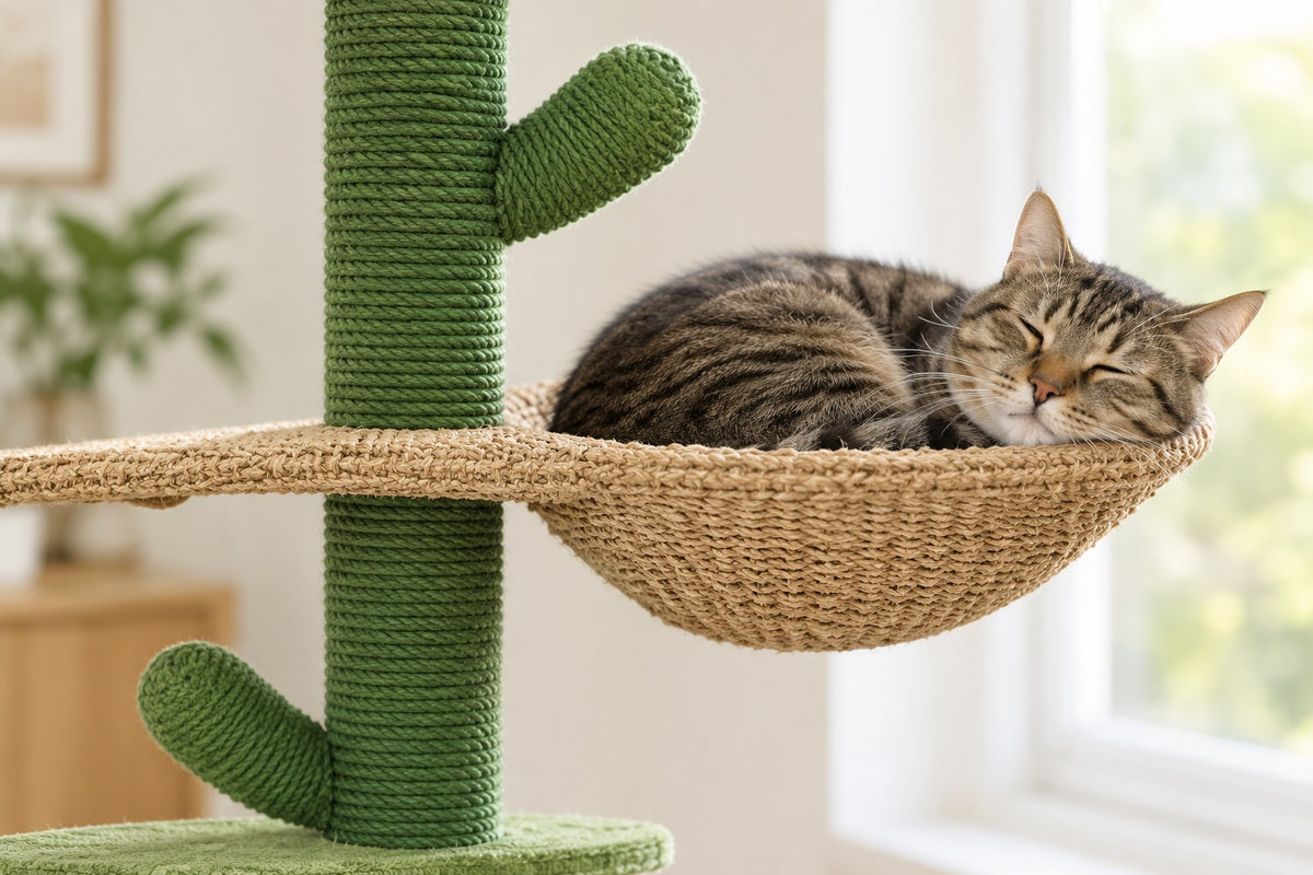 Arbre à Chat Cactus Sol-Plafond 229–275 cm : chat couché dans le panier tressé