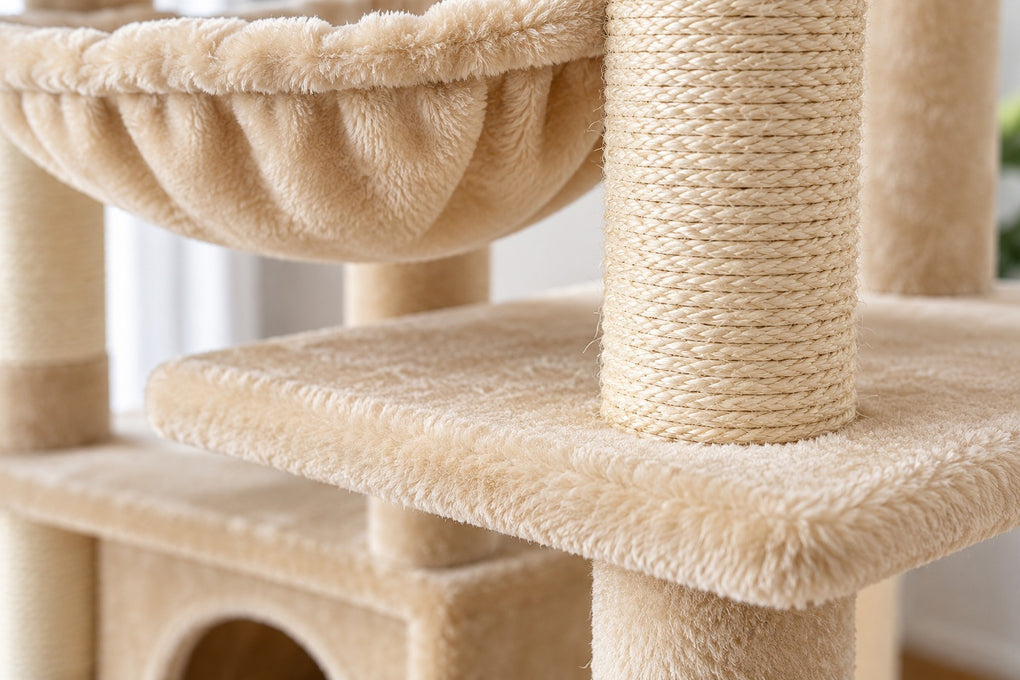Grand Arbre à Chat 164 cm avec Hamac : peluche beige et sisal