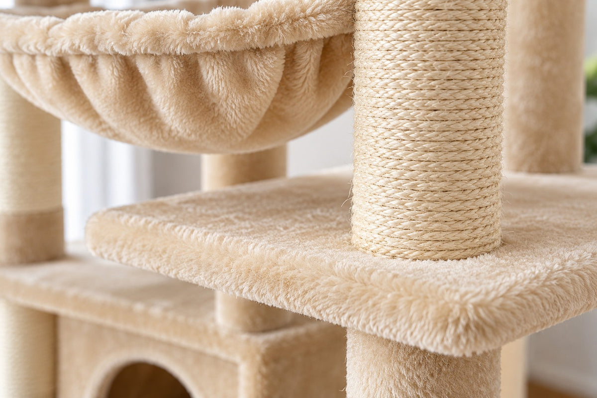 Grand Arbre à Chat 164 cm avec Hamac : peluche beige et sisal
