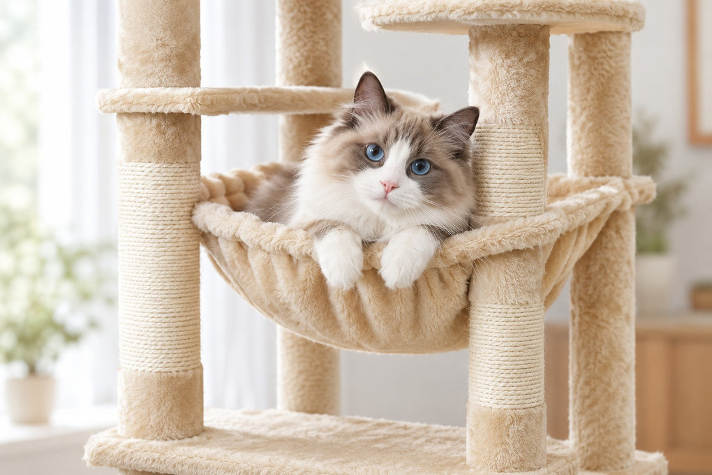 Grand Arbre à Chat 164 cm avec Hamac : chat couché dans le hamac beige