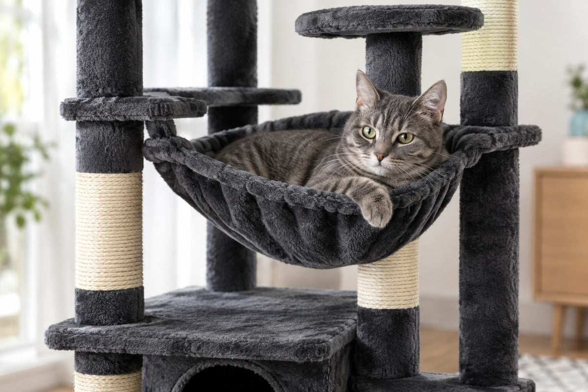 Grand Arbre à Chat 164 cm avec Hamac pour Maine Coon : chat couché dans le hamac gris foncé