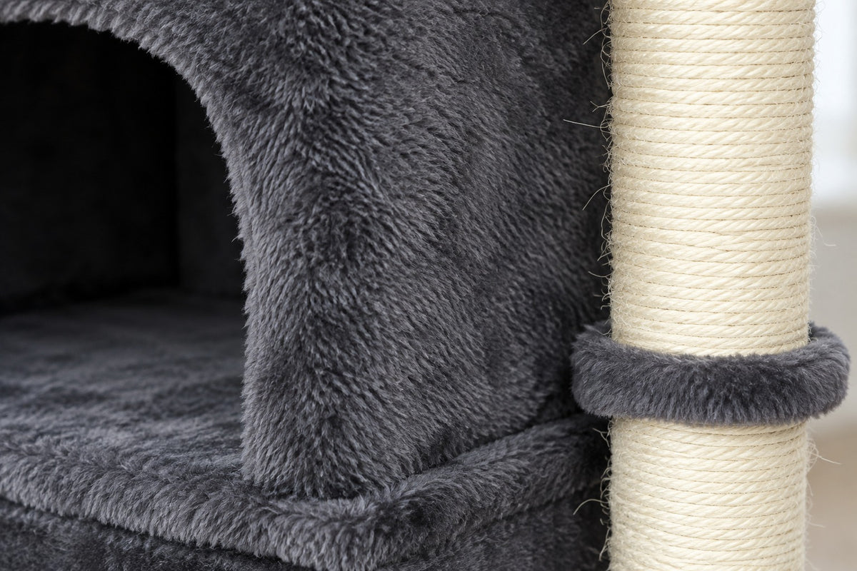 Petit Arbre à Chat 66 cm avec 2 Niches : peluche gris foncé et sisal