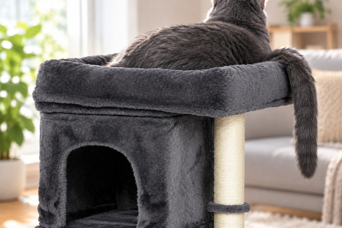 Petit Arbre à Chat 66 cm avec 2 Niches : chat couché sur la plateforme