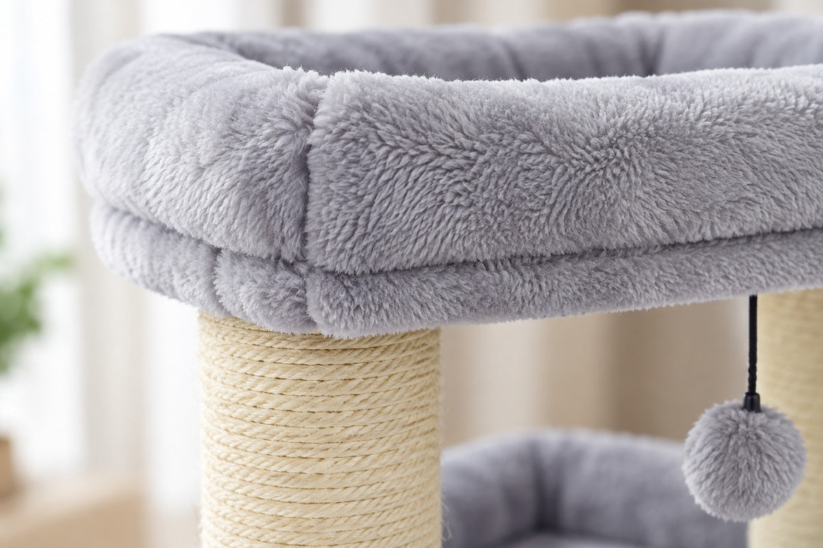 Petit Arbre à Chat 68 cm avec Niche : peluche grise du plateau