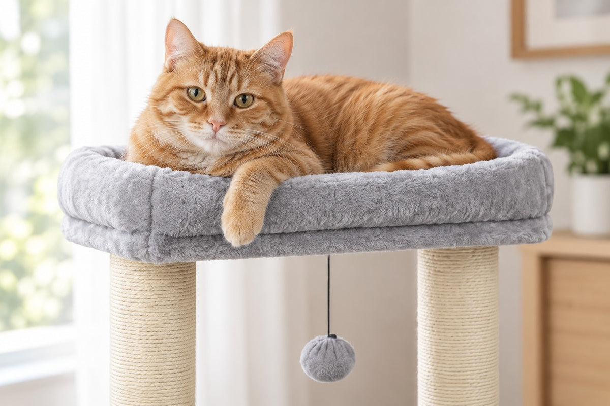 Petit Arbre à Chat 68 cm avec Niche : chat roux allongé sur le plateau