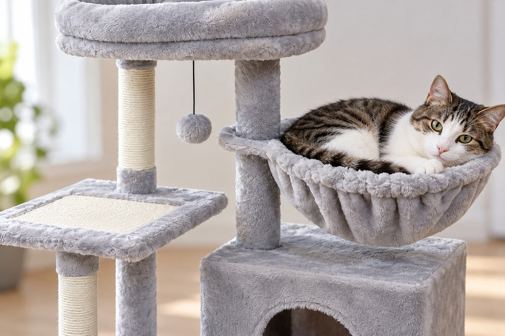 Petit Arbre à Chat 72 cm avec Hamac : chat couché dans le hamac gris