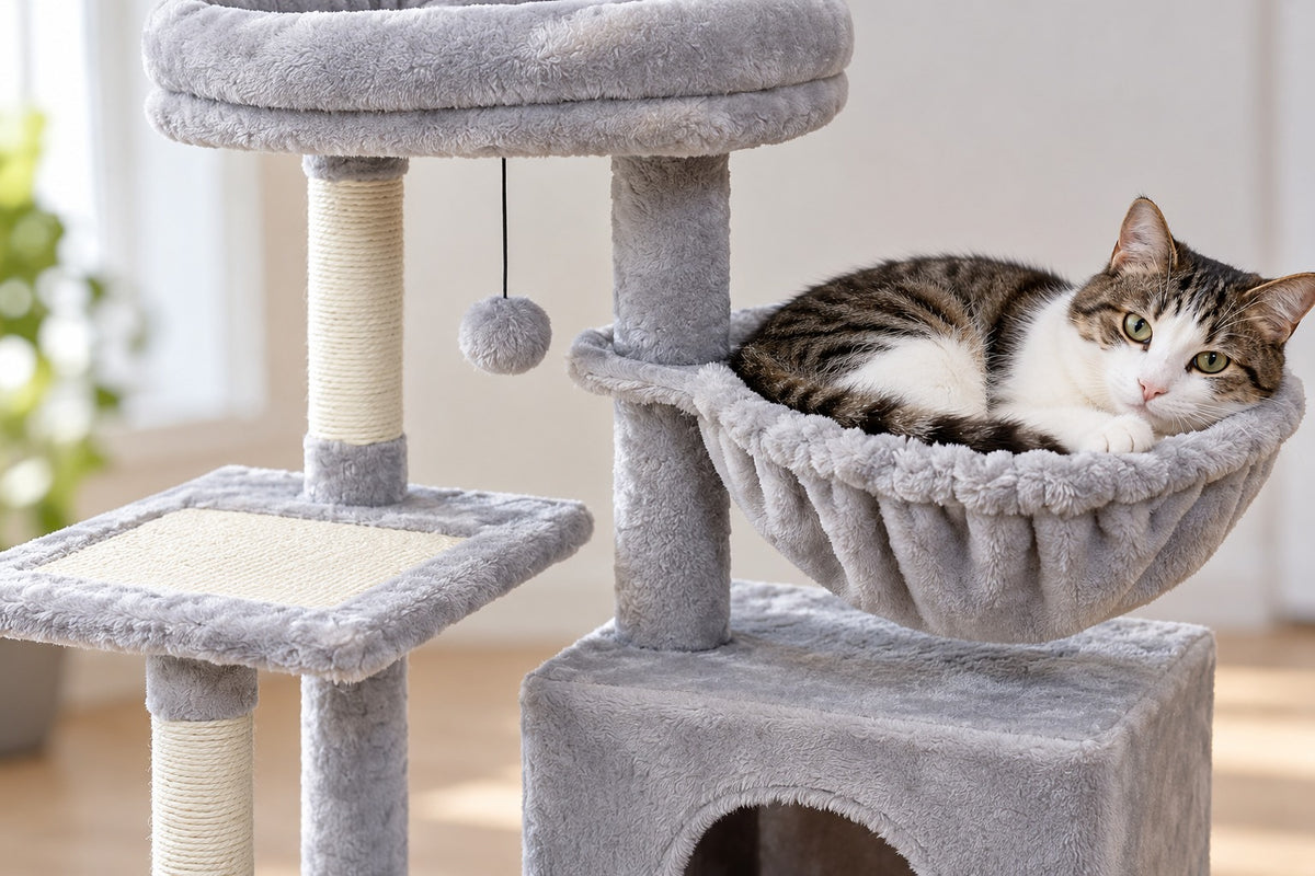 Petit Arbre à Chat 72 cm avec Hamac : chat couché dans le hamac gris