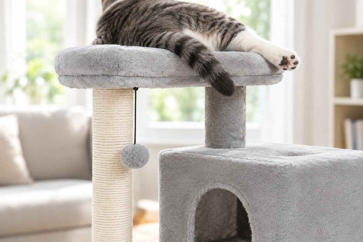 Petit Arbre à Chat 80 cm avec 2 Niches : chat couché sur la plateforme haute