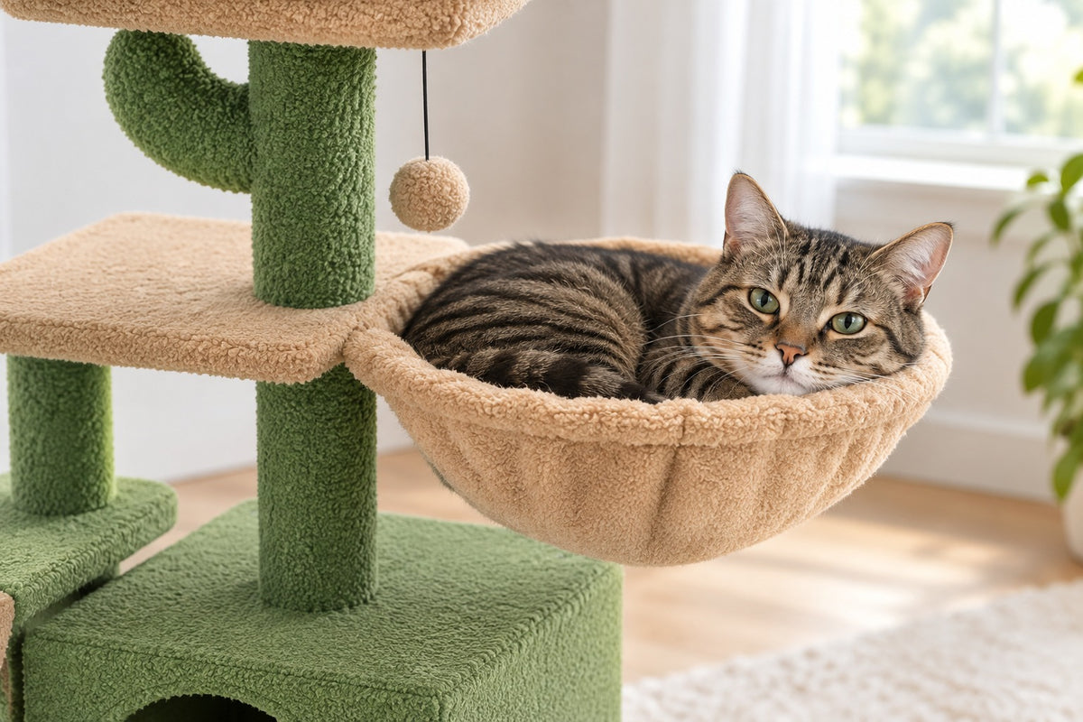 Petit Arbre à Chat Cactus 80 cm avec Rampe : chat couché dans le panier beige